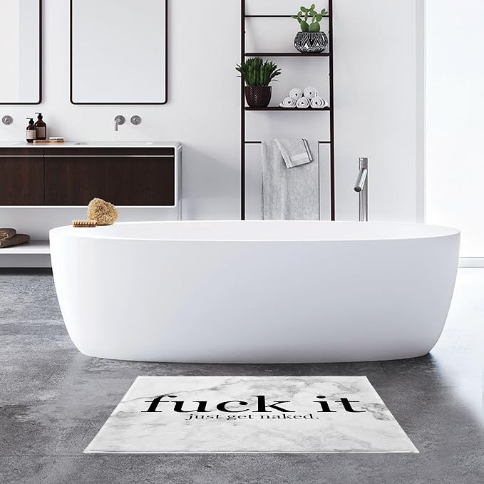 LB Black and White Marble Bath Mat for Bathroom- Funny Fuck It Just Get Naked Non Slip Doormat- Modern Geometric Absorbent Memory Foam Living Room Bedroom Door Front Floor Area Rugs,31.5x19.6 Inch