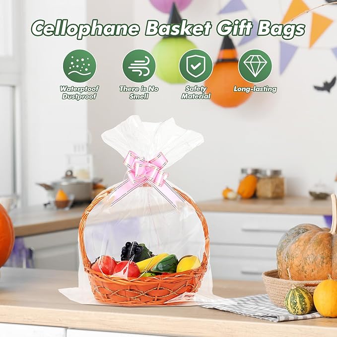 50 Packs 32 x 40 Inches Cellophane Bags for Basket Extra-large Jumbo Clear Cellophane Wraps Clear Huge Cello Bags for Baskets, Gifts, Christmas Trees, Treats, Arts and Crafts, 50ct Ribbon Bows