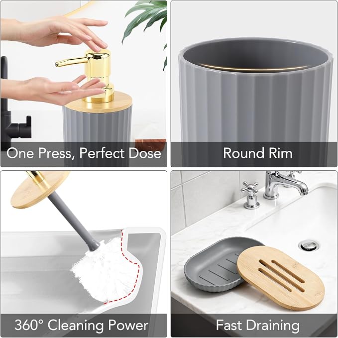 Bathroom Accessory Set, 10 Pieces Bath Set- Wicker Trash Can Tissue Box Soap Dish Toothbrush Holder Rinse Cup Lotion Bottle Toilet Brush Qtip Holder - Practical Bathroom Decor Sets (Grey, Bath Set)