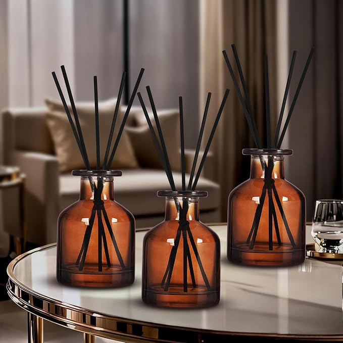 4 Pack Perfume Reed Diffuser Bottle,Empty Big Belly Aromatherapy Essential Oil Bottles Glass Jar with Black Sticks for DIY Fragrance Replacement Diffuser Sets (150ml/ 5 oz, Dark Brown Color)
