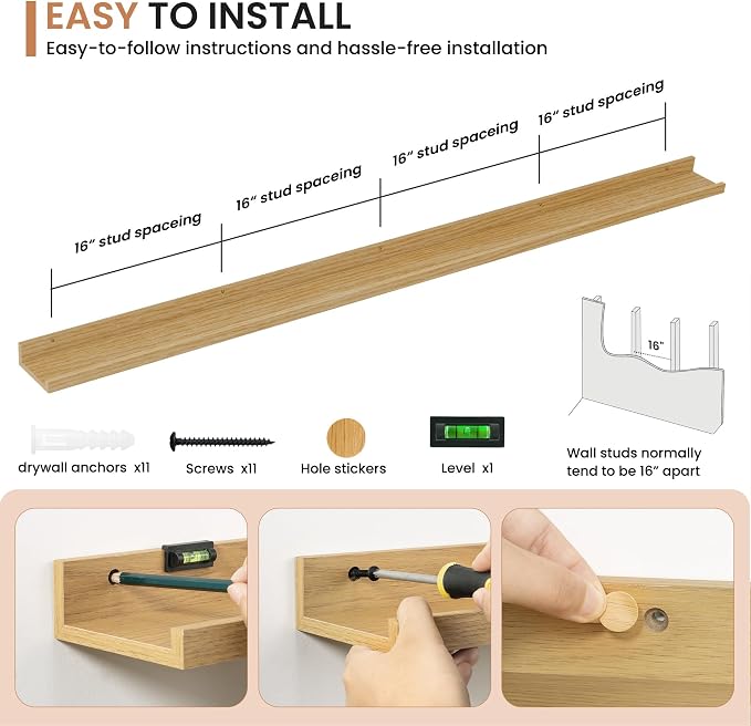 Dreamland Picture Ledge Shelf for Wall, Floating Shelves Set of 2,72 inch Long Floating Shelves with Lip for Living Room,Bedroom,Bathroom,Kitchen,Oak