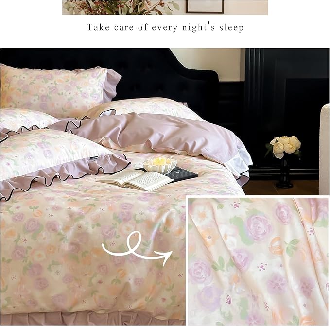 HighBuy Ruffle Floral Duvet Cover Twin Size,Chic Cottagecore Brushed Cotton Comforter Cover Set 3 Piece Coquette Farmhouse Bedding for Teen College,Breathable Durable