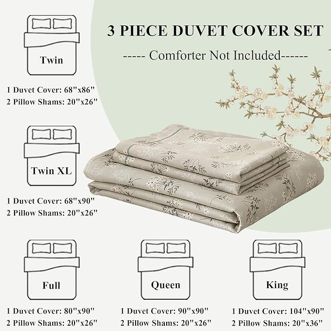 LifeTB Boho Floral Duvet Cover Twin XL Cotton Aesthetic Floral Bedding Sets Vintage Garden Floral Comforter Cover Beige Sage Green Floral Botanical Duvet Cover with Zipper Closure 4 Ties