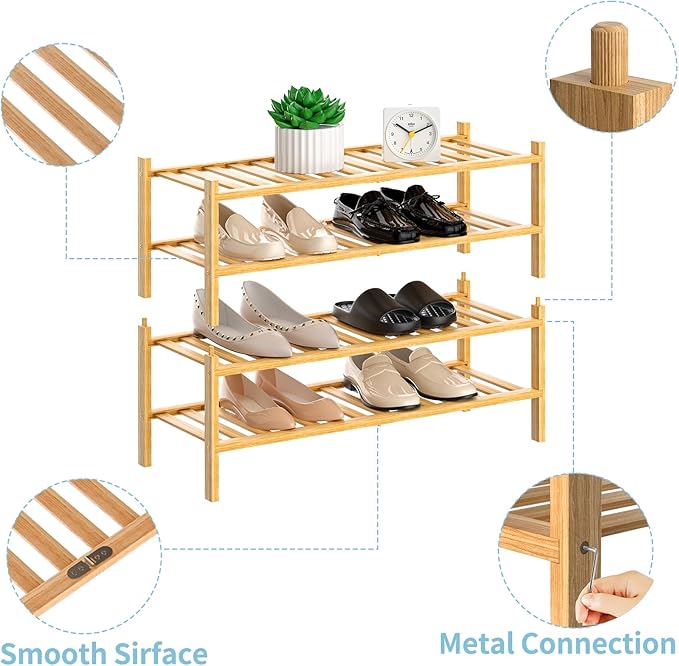 RONGJlA 4 Tier Bamboo Shoe Rack for Closet Free Standing Wood Shoe Shelf Storage Organizer for Entryway Small Space Stackable, Natural