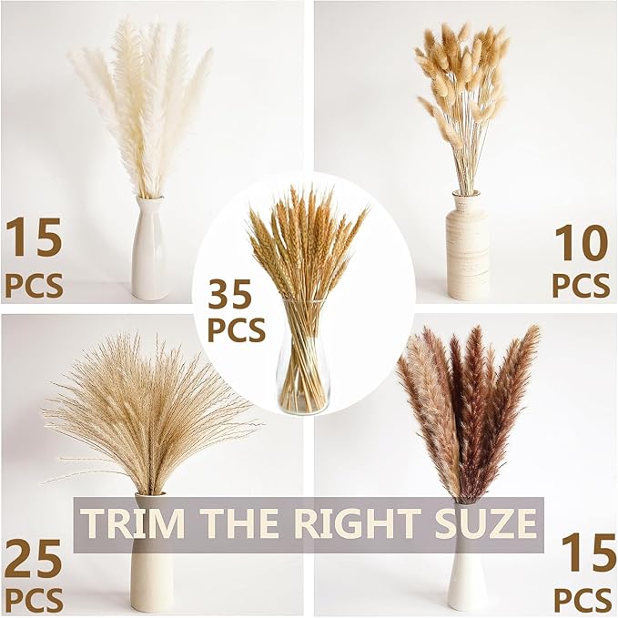 Dried Wheat Stalks and Pampas Grass Decor – 5 Types of Natural Dried Florals Including Wheat, Pampas Grass, Bunny Tails, and Dried Flowers – Fall Floral Arrangements for Vase, Farmhouse & Table Decor