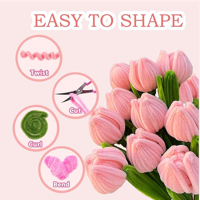 Pipe Cleaners Flower Craft Kit,Chenille Stems Craft DIY Bouquet Making Set with Floral Wires, Gardening Tape, Stamens & Ribbon for Home Decor-Holiday Decorations,Gifts - 400 Pcs (Pink)