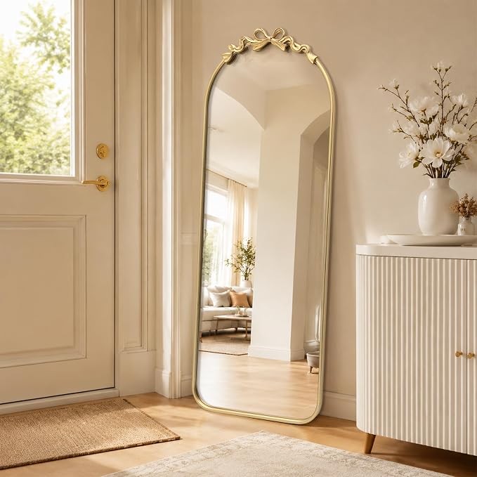 Besdomus Arched Mirror Full Length: 21"x56" Bow Gold Arch Floor Mirror - Antique Baroque Traditional Ornate Standing Mirror for Entryway/Cloakroom/Bedroom - Home Decor for Fashion-Conscious