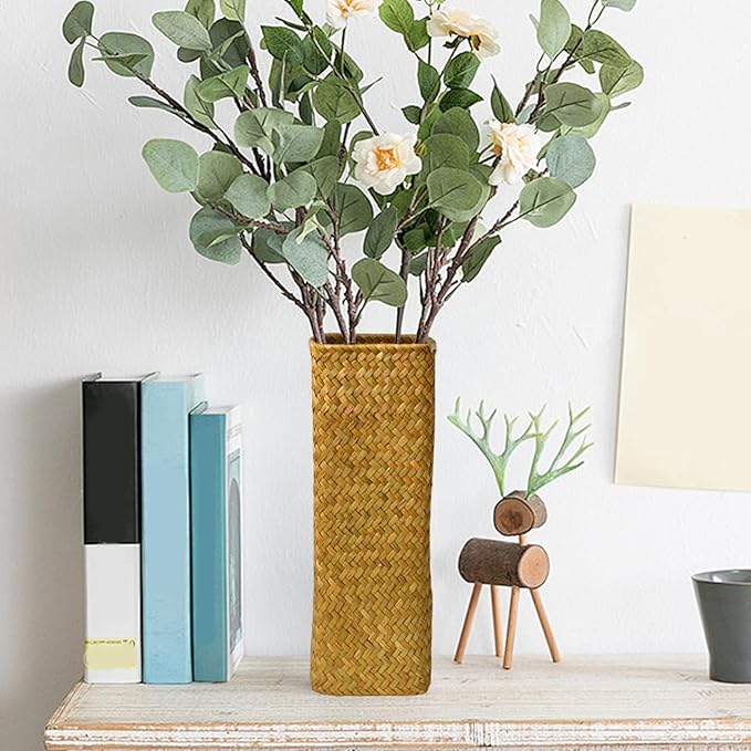 Rattan Vase, 12x4 Inch Tall Floor Vases, Rustic Rattan Decor for Weddings Home Office Cafe Table Centerpiece