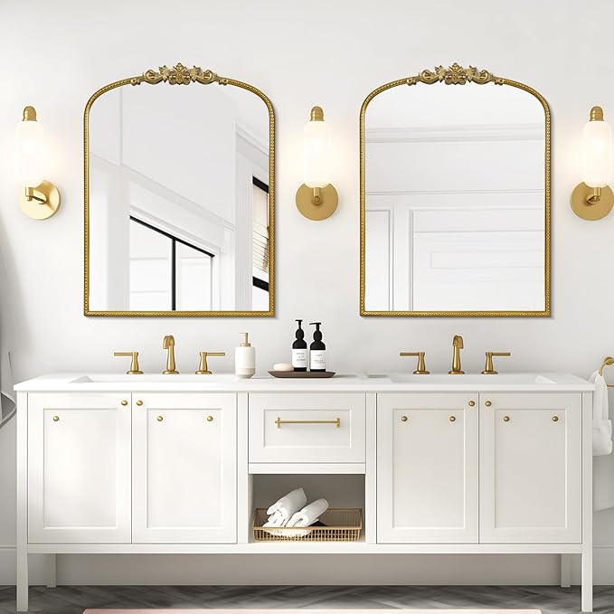 WallBeyond Gold Vintage Mirror for Vanity 24x32 Inch, Gold Antique Mirror with Ornate Frame, Arched Vintage Wall for Bathroom, Living Room, Fireplace, Entryway