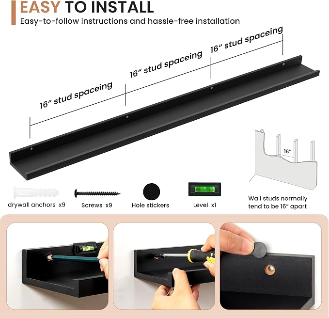 Dreamland Picture Ledge Shelf for Wall, Floating Shelves Set of 2,55 inch Long Floating Shelves with Lip for Living Room,Bedroom,Bathroom,Kitchen,Black