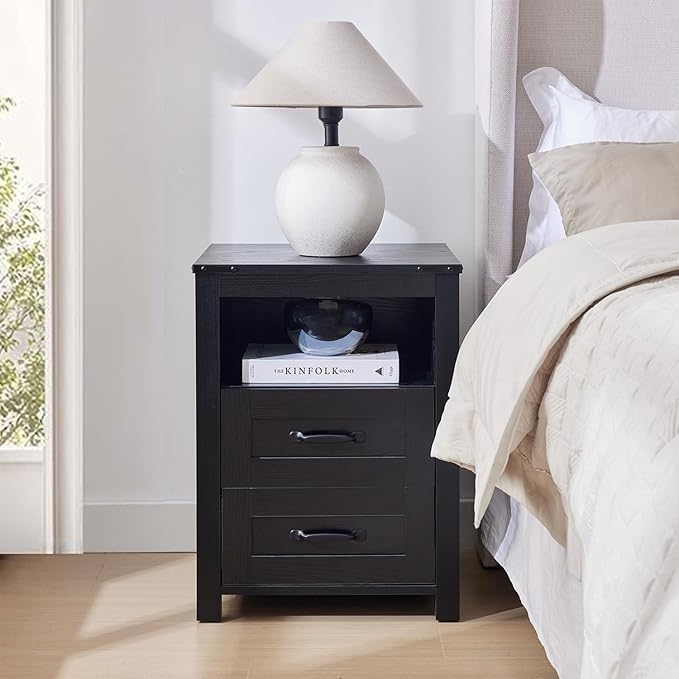 Farmhouse Night Stand Set of 2, Rustic Black Nightstand for Bedroom, End Tables Without Charging Station, Bedside Table with Drawers, Wood Bedside Cabinet Dresser