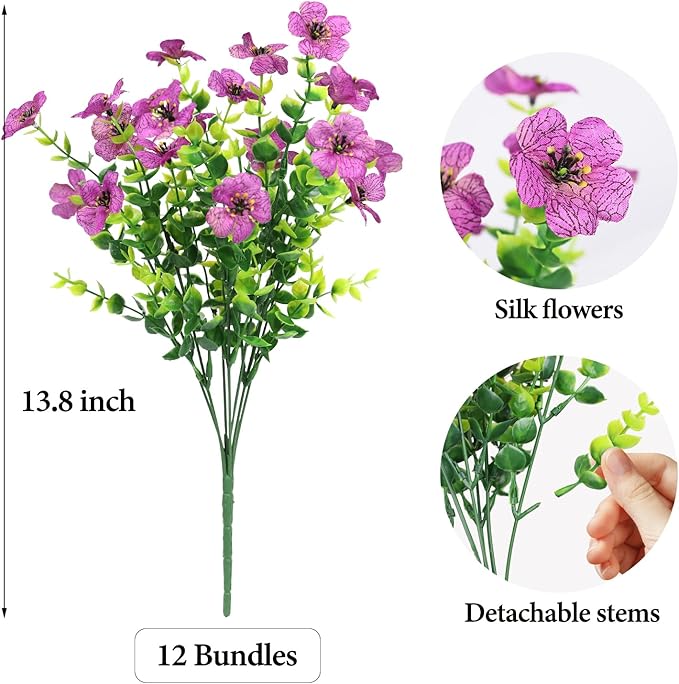 Artificial Flowers Outdoor Faux Plants UV Resistant Fake Patio Flowers Plastic Greenery Plnats Outside Bulk for Spring Garden Hanging Planter Home Vase Decor, 12 Bundles (Purple)