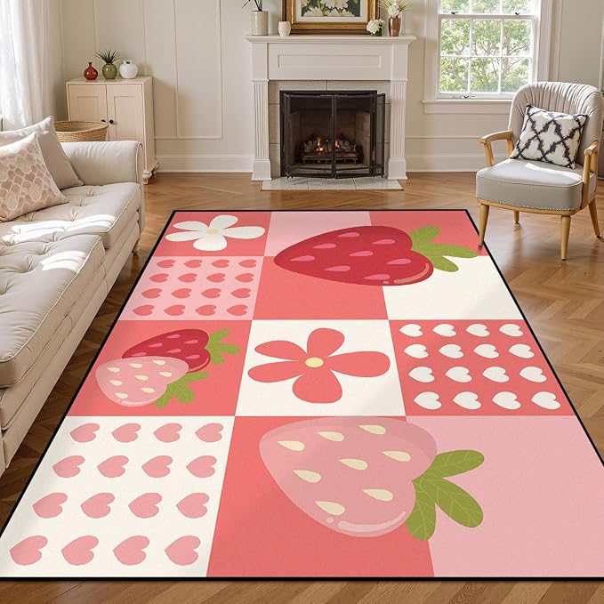 Strawberry Checkered Rug Cute Red Area Rug Love Flower Washable Carpet for Bedroom Living Room Nursery Kitchen Playroom Home Decor Soft Non Slip Floor Mat，4'x6'