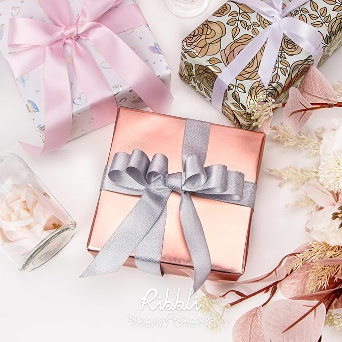 Ribbli Rose Gold Mother’s Day Wrapping Paper Mini Roll, 3 Rolls Happy Birthday Floral Heart Gift Wrap for Women Girl Friend Wedding - 17 inch x 120 inch(10feet) Per Roll