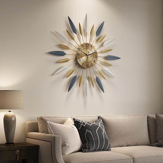 Cuspin 30 Inch Large Wall Clock, Mid Century Modern Silent Non Ticking Battery Operated Sunburst Wall Clock, Decorative Metal Gold Clocks for Living Room, Dining Room, Bedroom, Office