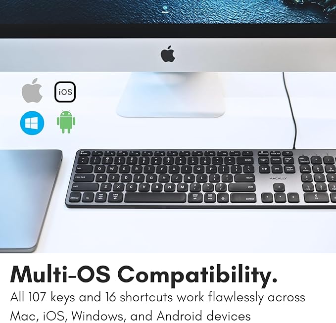 Macally Wired Keyboard for Mac with USB Hub (2X USB-A / 1x USB-C) - Compatible Backlit Apple Keyboard with Dual Interface - Auto OS Detection for Mac, MacBook Pro/Air, iMac, PC, Android, iPad, iOS