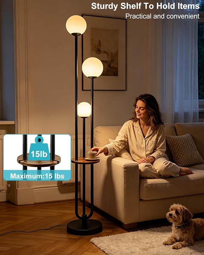 63IN Black Floor Lamp with Shelf Mid Century Modern Tall Standing Lamps with 3000K Warm White Bulb Included Dimmable Globe Floor Lamp with 5Lbs Heavy Base for Living Room/Bedroom/Home Decor