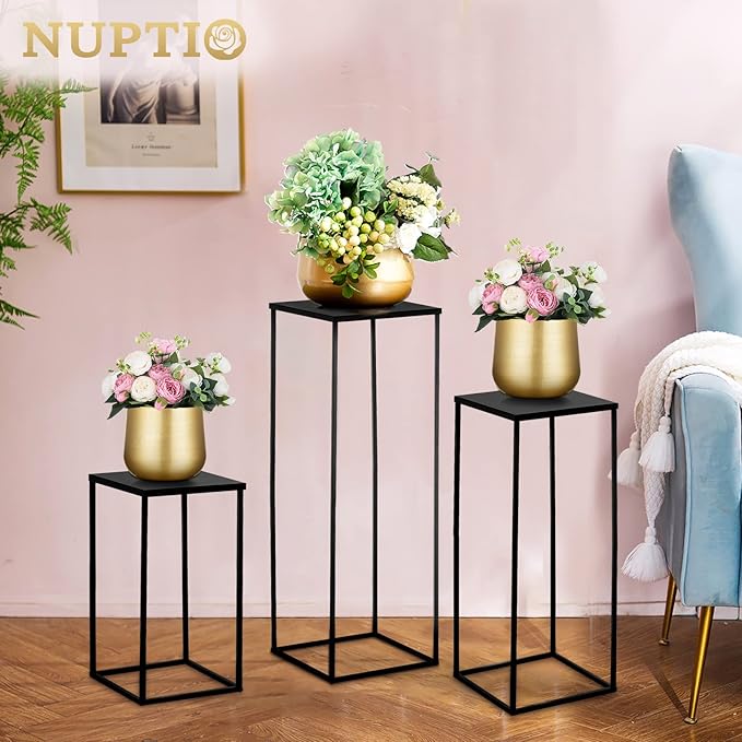 Nuptio Black Vase Plant Stand - 3 Pcs Tall Flower Vases for Wedding Birthday Party Centrepieces - Metal Column Display Table Rack Indoor Corner Flower Stand for Living Room Decor(15.7/23.6/31.5in)