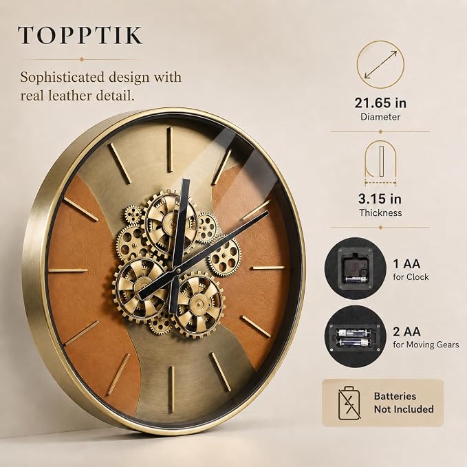 21.65 Inch Moving Gear Wall Clock, Battery Operated Steampunk Industrial Large Clock, Antique Bronze Metal Frame with 3D Scales, Unique Decorative Wall Clock for Living Room Farmhouse Office Decor