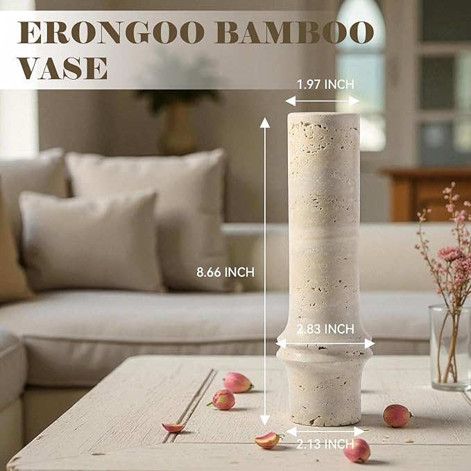 Flower Vase for Home Decor, Marble Bamboo Vase Rustic Vintage Decorations for Living Room, Table, Bathroom, Holiday & Weddings (Travertine)