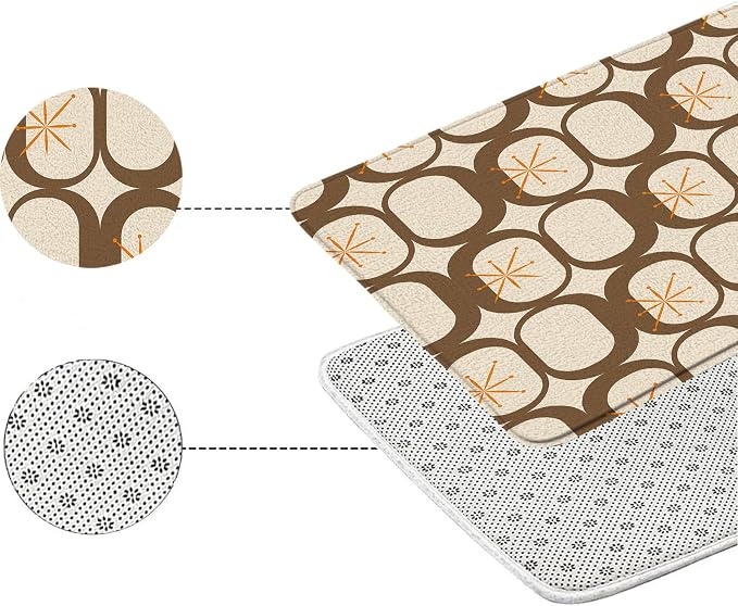 Mid Century Modern Bath Mat Abstract Atomic Geometric Retro 1950s Brown Bathroom Kitchen Toilet Rugs,24x48 Inch