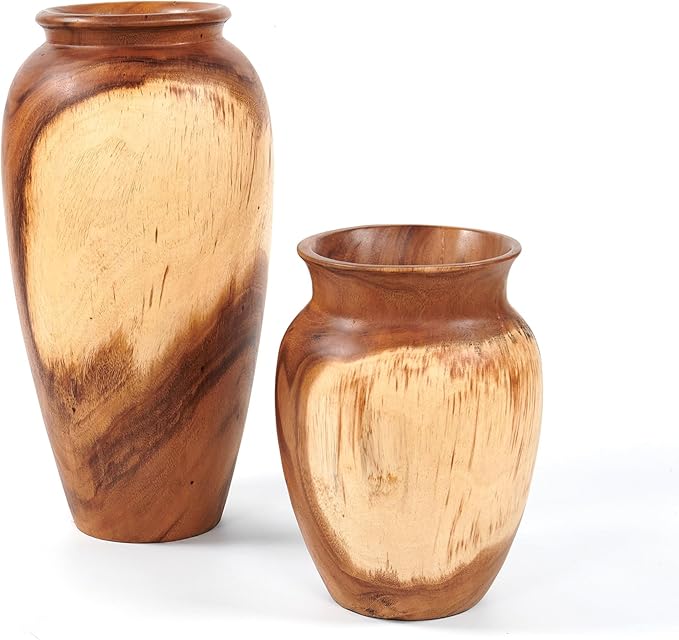 Greenage Natural Acacia Wood Vase Handmade 7.1" 7.1" x 19.7" Handcrafted Solid Wooden Table Flower Holder Rustic Decorative Tall Floor Vase for Living Room Balcony Home Decor