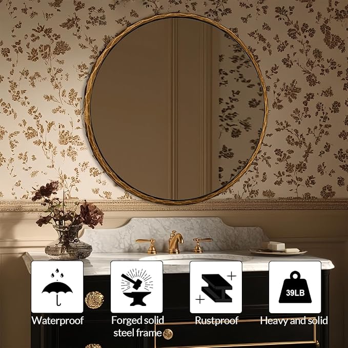ANDY STAR 36 Inch Hand-Forged Round Gold Mirrors, Hammered Bathroom Round Wall Mirror for Over Sink, Solid Steel Metal Frame Vanity Circle Mirror for Antique, Vintage, Farmhouse, Rustic