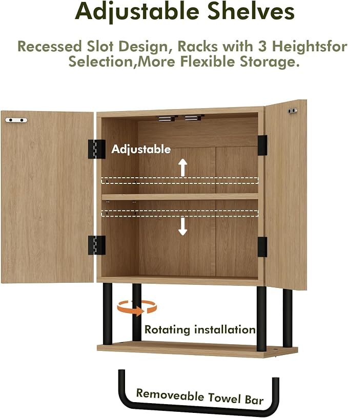 RUSTOWN Farmhouse Bathroom Wall Cabinet with 2 Door, 3-Tier Curved Profile Wooden Medicine Cabinet, Wall Mounted Storage Cabinet with Adjustable Shelf and Towel Bar (Natural, Small)