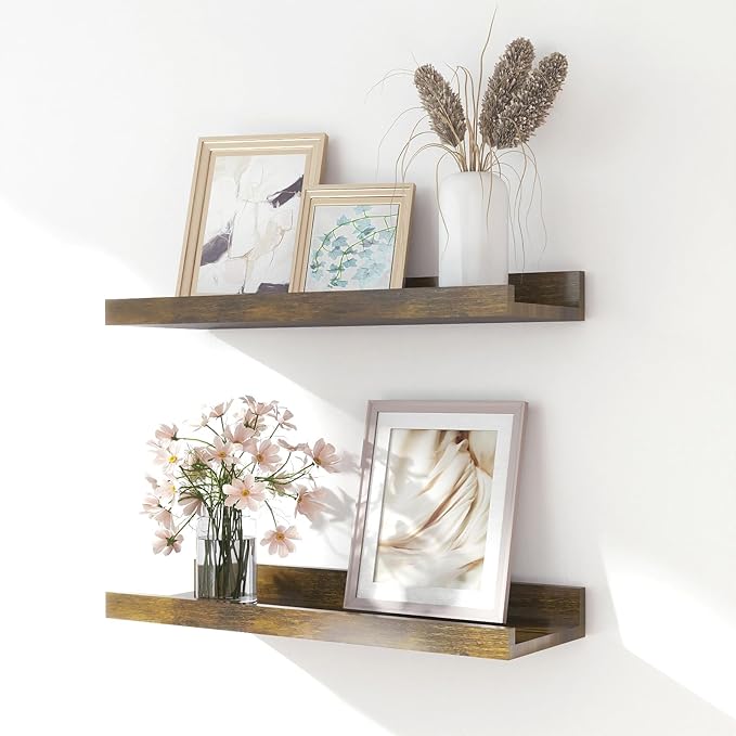 Floating Shelves for Wall Decor, Wall Mounted Wood Storage Shelf for Bedroom, Living Room, Bathroom, Kitchen, Nursery, Rustic Display Picture Ledge Shelf with Lip Set of 2-14 Inches, Brown