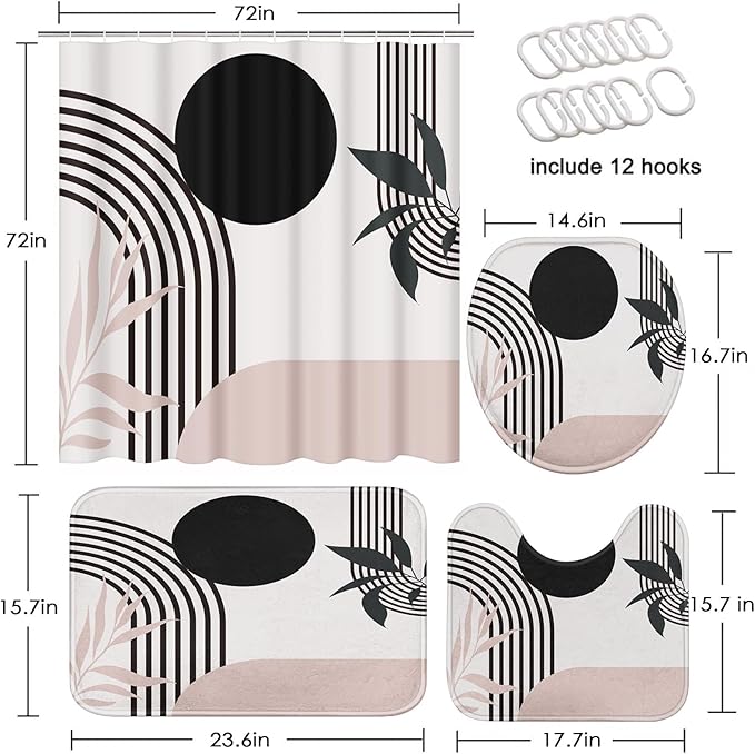 Boho Mid Century Shower Curtain Set with Toilet Lid Cover and Non-Slip Rugs, Abstract Pink Black 4 Pcs Modern Minimalist Shower Curtain for Bathroom Set with 12 Hooks