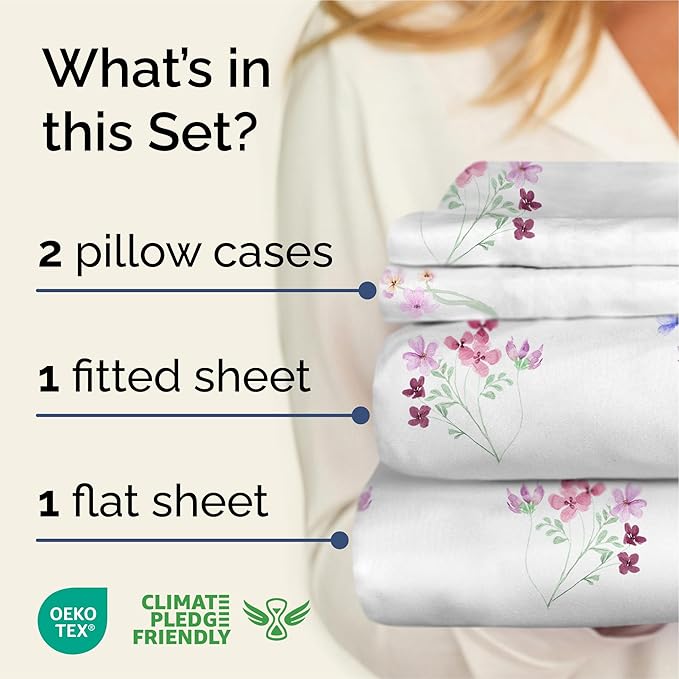 Floral Sheets - Butterfly Floral Bed Sheet Set - 1 Flat, 1 Fitted & 2 Pillowcases w/ Deep Pockets - Wrinkle & Fade Free - Boho Botanical Bedding - Ultra-Soft, Breathable and Cooling - Queen Size Set