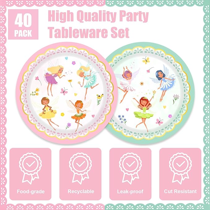 40Pcs Fairy Birthday Party Decorations Pink Flower Baby Shower Paper Plates and Napkins Party Supplies Fairy First Birthday Decorations