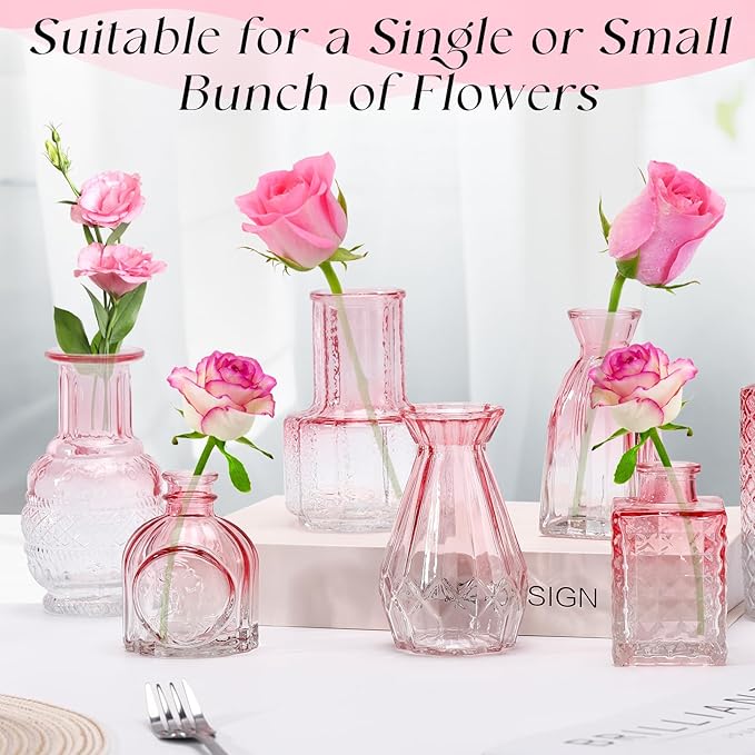 Glass Bud Vases Set of 12,Pink Bud Vases in Bulk,Small Flower Vase for Centerpiece,Mini Vintage Vase for Wedding Home Room Office Table Decor(Pink)