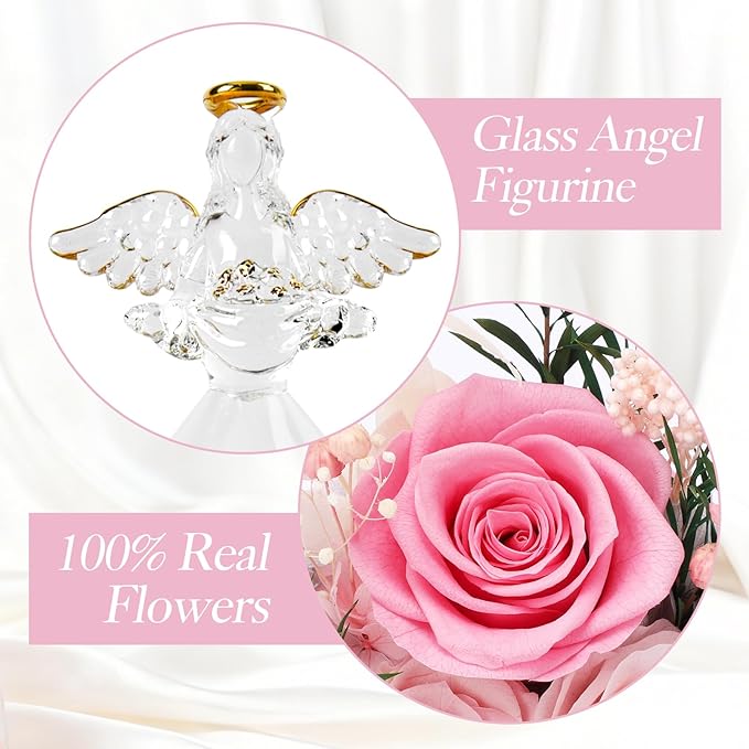 Casaido Christmas Rose Gifts for Women, 7" Pink Preserved Roses Flowers in Glass Angel Figurine, Birthday Gift for Mom Wife Grandma, Eternal Rose for Mothers Day Valentines Anniversary