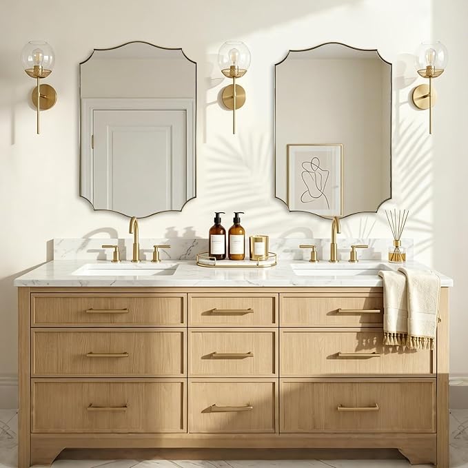 ANDY STAR 20"x30" Gold Vanity Mirror, Bathroom Mirrors for Wall, Antique Champagne Bronze Mirror in Rustproof Stainless Steel Thin Frame, Elegant Curved Scallop Design, Ideal for Home Remodel