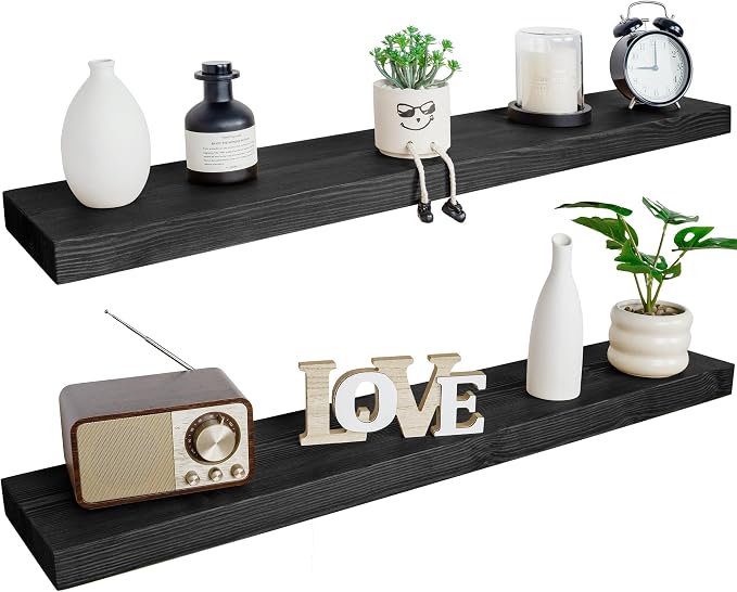 BGMG Wood Floating Shelves for Wall 60 inch Set of 2,Black Floating Shelves,Solid Wood Wall Mount Shelves for Living Room Bedroom Kitchen Farmhouse -60x6.7x1.75 inch