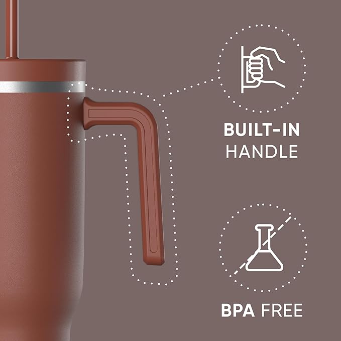 Hydrapeak Voyager 40 Oz Stainless Steel Tumbler with Handle, Insulated Water Bottle With Straw & Lid, Cupholder Friendly Reusable Travel Mug (Gingerbread)