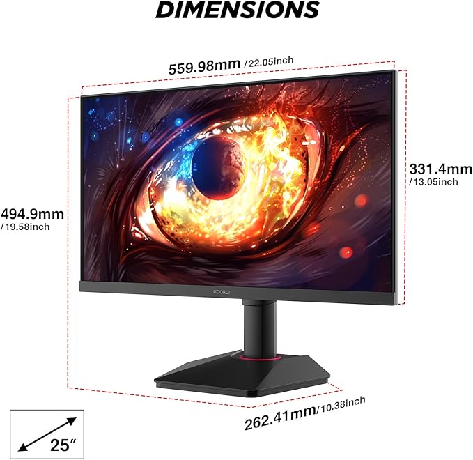 KOORUI 24.5 Inch Gaming Monitor, 1ms, 320Hz Monitor, HDR400, 95% DCI-P3, IPS Display, Adaptive Sync Compatible, Tilt Vertical Height Adjustable, VESA Mount 75x75mm, HDMI & DisplayPor, G2511E