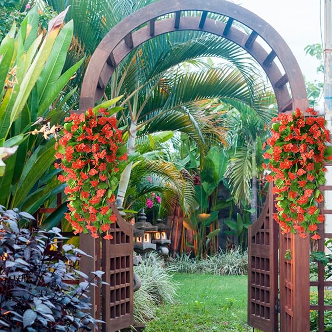 2PCS Artificial Hanging Flowers, Fake Hanging Plants Violet Vines UV Resistant for Wall Home Room Garden Wedding Indoor Outdoor Spring Summer Decoration(Red)