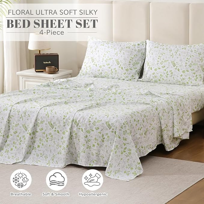 Bedlifes King Size Extra Deep Pocket Sheet Sets - Fits Mattresses Up to 18-24" Thick, 4-Piece Microfiber Set with 1800 Thread Count, Soft, Smooth, Breathable, Featuring Cute Printed Green Floral