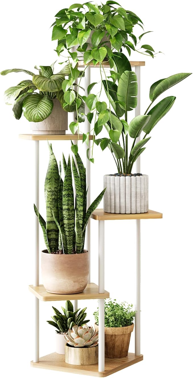GENTINGBRO Tall Plant Stand Indoor 5 Tiered Plant Shelf for Multiple Plants Coner Shelf Stand Wood Plant Stand Metal Shelving for Living Room Bedroom Balcony Patio White