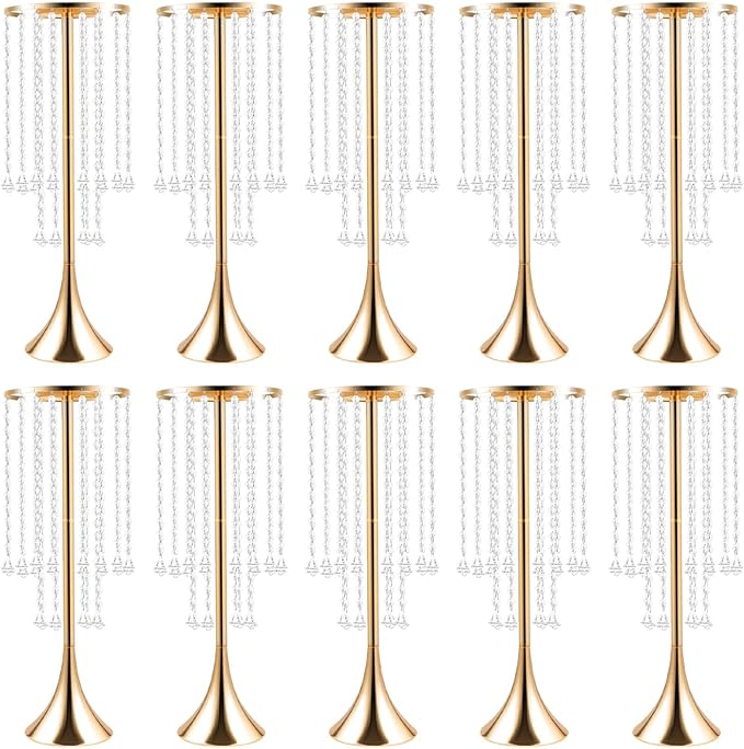 10 Pack 21.9"/55.6cm Tall Crystal Beaded Flower Stands, Metal Wedding Centerpiece Vases for Table/Aisle Decor - Reusable Event Centerpieces for Home, Party, Hotel (Gold)