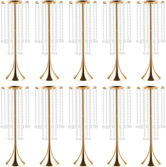 10 Pack 21.9"/55.6cm Tall Crystal Beaded Flower Stands, Metal Wedding Centerpiece Vases for Table/Aisle Decor - Reusable Event Centerpieces for Home, Party, Hotel (Gold)