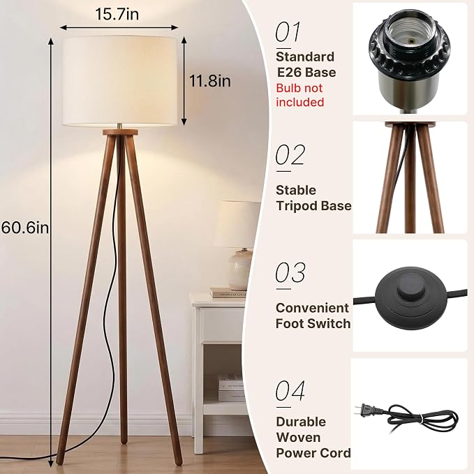 Buruis 60.6" Solid Wood Tripod Floor Lamp with 15.7" Large Linen Shade, Mid-Century Walnut Finish Standing Lamp for Living Room, Bedroom, Office, Corner, UL Listed, Bulb Not Included, Cream