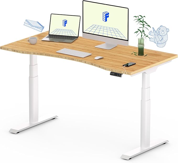 FLEXISPOT E6 Pro Oval Leg Dual Motor 3 Stages Bamboo Electric Standing Desk 48x24 Inch Whole-Piece Board Height Adjustable Electric Sit Stand Up Desk (White Frame + Bamboo Curved Desktop)
