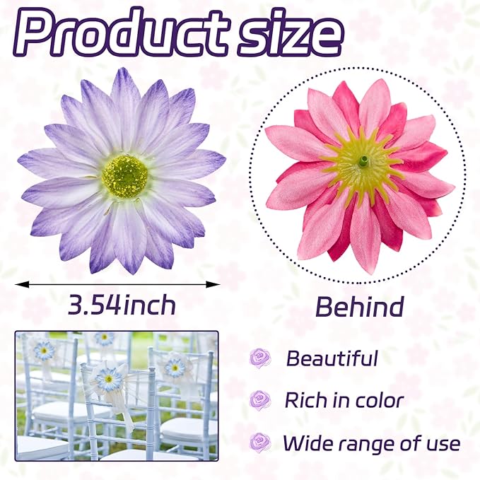 Daisy Silk Flower Heads, 12 Pcs Artificial Daisy Flower Heads, 3.5 Inch Light Purple Floral Heads Fake Daisies for Decoration, DIY Craft, Vase, Flower Arrangement, Hats, Costume, Hair