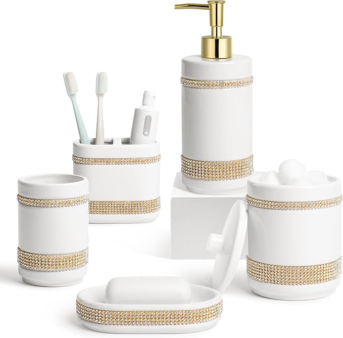 RQYIXI Bathroom Accessories Set with Diamonds 5 Pieces Toothbrush Holder Soap Dispenser Ceramic Bathroom Accessory Set Contain Cotton Swab Jar Toothbrush Cup Soap Dish Tumbler