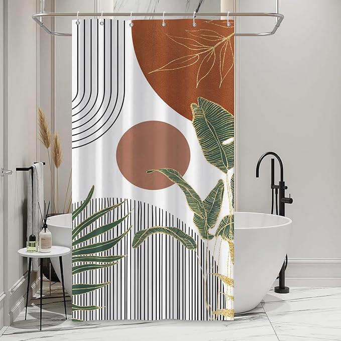 Mid Century Boho Shower Curtain, Abstract Modern Sun Minimalist Aesthetic Shower Curtain, Bohemian Geometric Arch Curve Leaves Neutral Art Fabric Bathroom Curtains Orange 36x72 inch