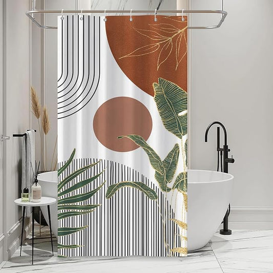 Mid Century Boho Shower Curtain, Abstract Modern Sun Minimalist Aesthetic Shower Curtain, Bohemian Geometric Arch Curve Leaves Neutral Art Fabric Bathroom Curtains Orange 36x72 inch