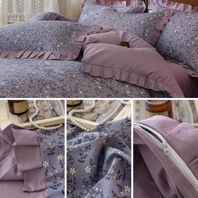 LifeTB Vintage Daisy Flower Duvet Cover Queen 100% Cotton Purple Ruffle Comforter Cover Floral Aesthetic Duvet Cover Romantic Princess Bedding Set Girls Lace Comforter Cover Queen with 2 Pillowcases